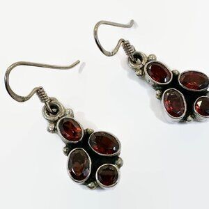 Garnet Earrings, Sterling Silver, Vintage Earrings, Pierced Dangle, Red Stone